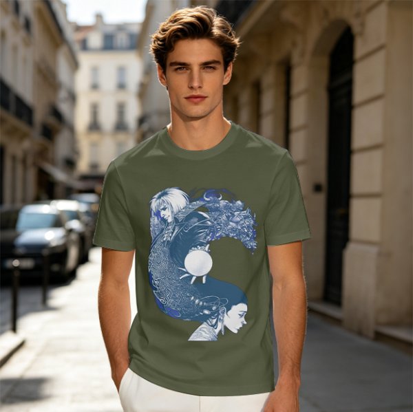 Olive T-Shirt With Two Facing Fantasy Figures And Orb Art Print