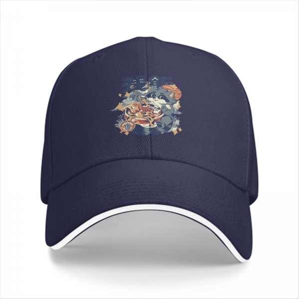 Black Baseball Cap With Ramen Raccoon Graphic Print