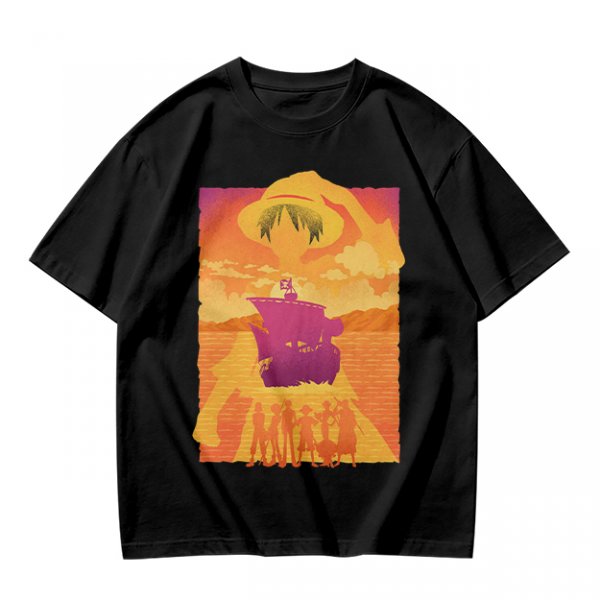 One Piece Straw Hat Crew Sunset Pirate Ship Graphic T-Shirt