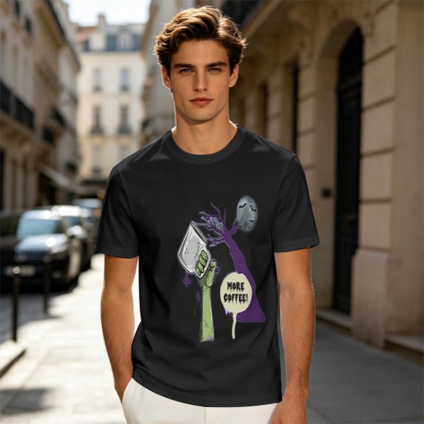 Olive Zombie Hand Holding Coffee Mug 'More Coffee!' Graphic T-Shirt