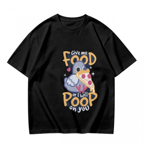 Olive t-shirt with funny pigeon pizza 'Give me food or I will poop' print