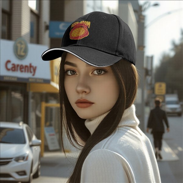 Black baseball cap with pizza atom graphic and text