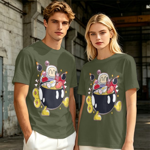 Olive T-shirt with Bomberman Character Eating Ramen Print