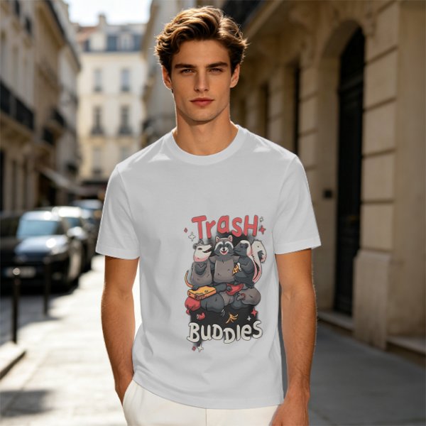 Olive green t-shirt with Trash Buddies raccoon possum and skunk graphic