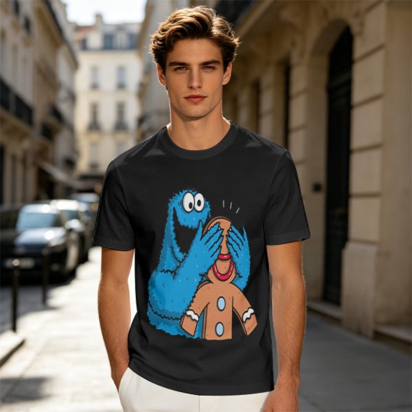 Olive T-shirt with Cookie Monster covering gingerbread man’s eyes