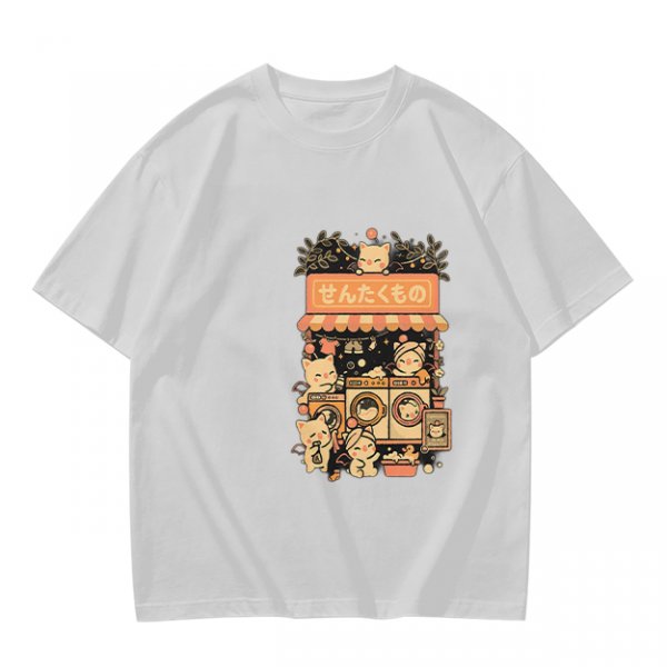 Olive T-Shirt With Cute Cats Doing Laundry Graphic