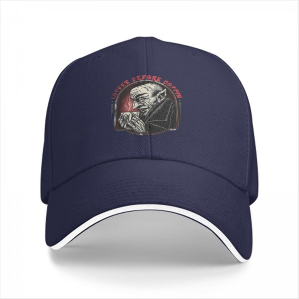 Black baseball cap with vampire drinking coffee 'Coffee Before Coffin' print