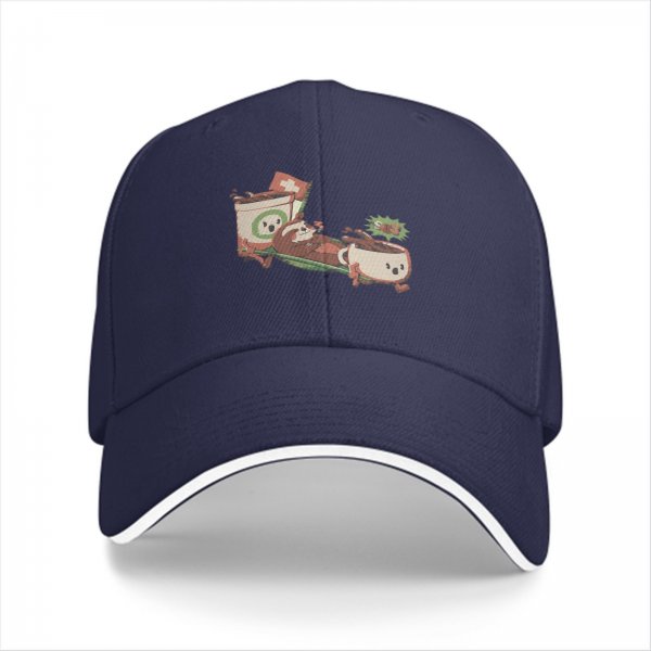 Black baseball cap with playful anthropomorphic coffee cups graphic