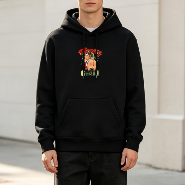 Black hoodie with Christmas cat graphic and festive text