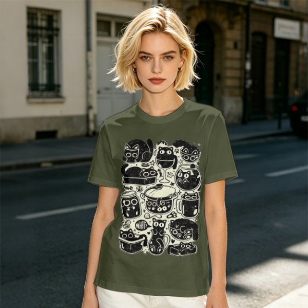 Olive Green T-Shirt With Playful Black Cats In Kitchenware Print