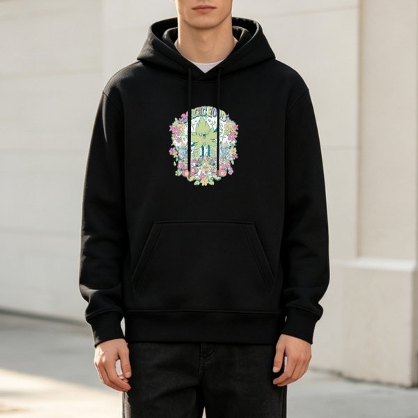 Black hoodie with floral cannabis leaf graphic design