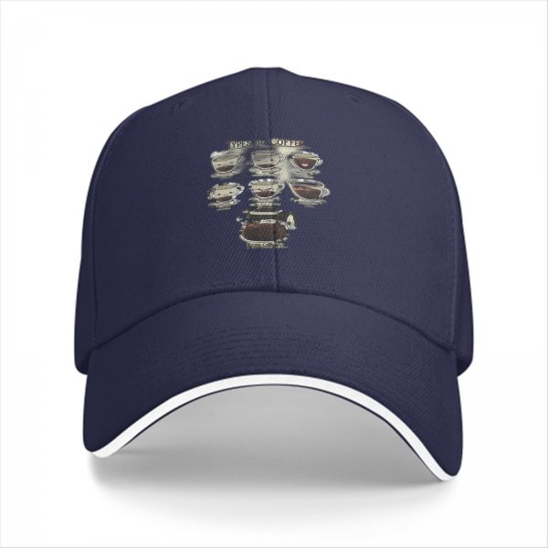 Black baseball cap with coffee types graphic print