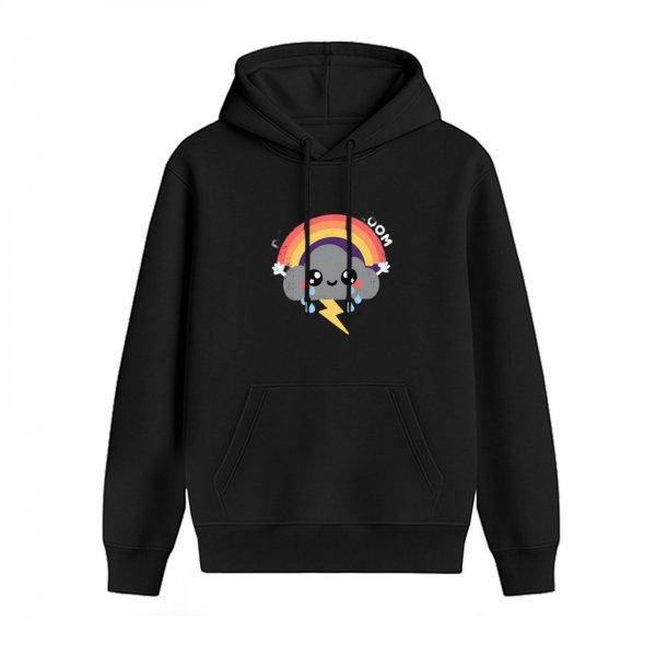 Black hoodie with cute crying cloud rainbow thunder graphic design