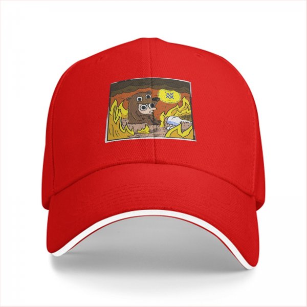 Black baseball cap with cartoon bear costume character in fiery cave print