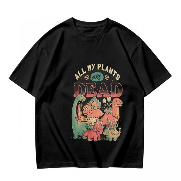 Olive graphic t-shirt with 'All My Plants Are Dead' dinosaur print