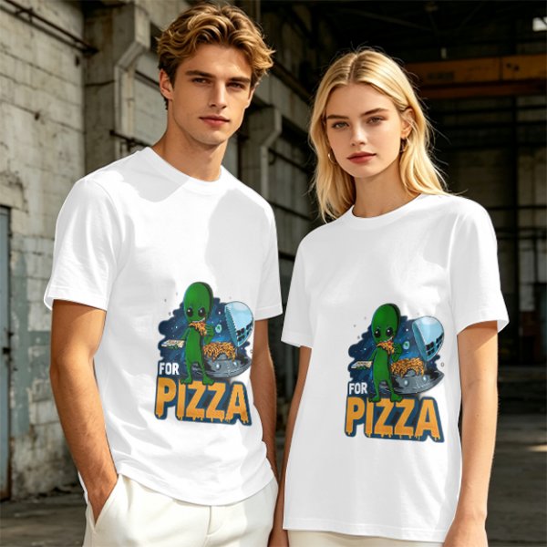 Olive Green T-Shirt with Alien Eating Pizza UFO Graphic