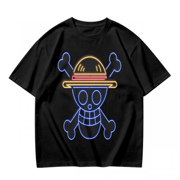 Olive T-Shirt with Neon Style Straw Hat Pirate Skull Print