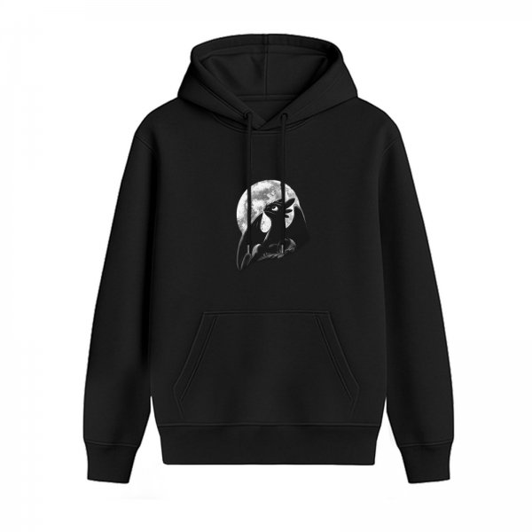 Black hoodie featuring a dragon silhouette against a full moon