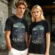 Olive T-shirt with two warriors standing in water holding swords