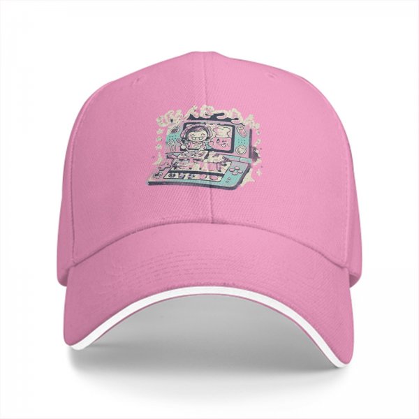 Black baseball cap with pastel handheld gaming and anime character print