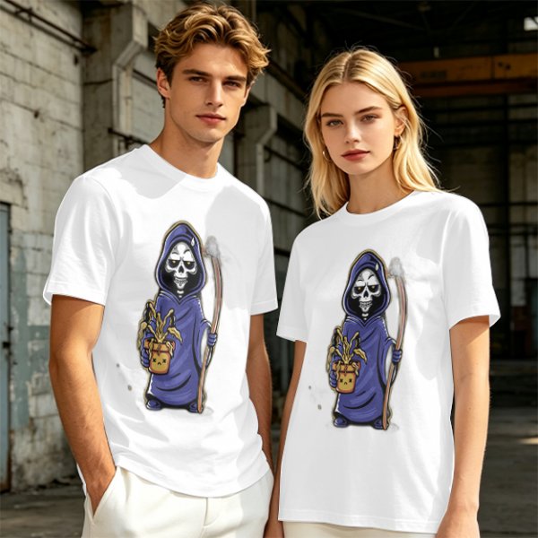 Olive T-Shirt With Cute Grim Reaper Holding Wilted Potted Plant Print