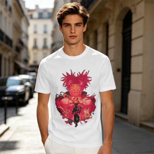 Olive Anime Graphic T-Shirt With Spiky Red Haired Character Art