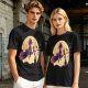 Olive t-shirt with witch flying on broom against full moon