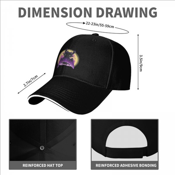 Black baseball cap featuring Toothless dragon and moon graphic