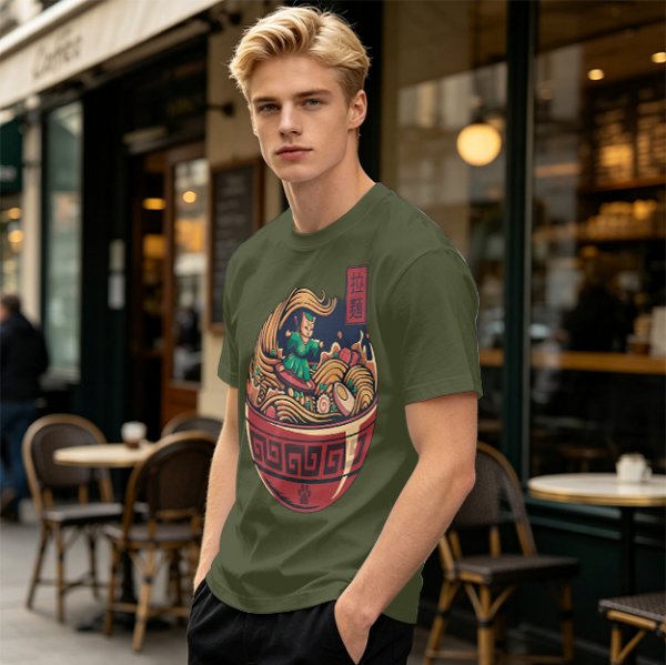 Olive T-shirt with Samurai Cat Surfing Ramen Bowl Art