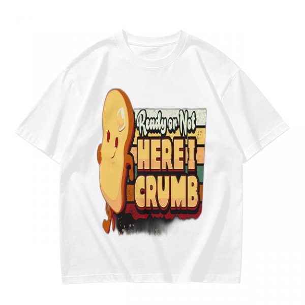 Olive graphic tee with playful bread character and 'Ready or Not Here I Crumb' text