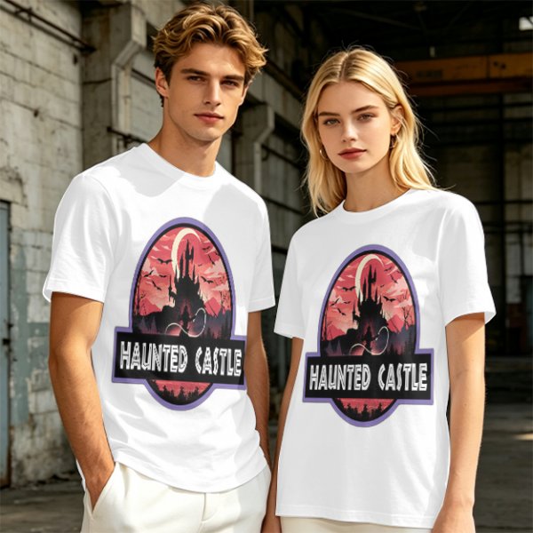Olive T-Shirt with Haunted Castle Silhouette Graphic Design