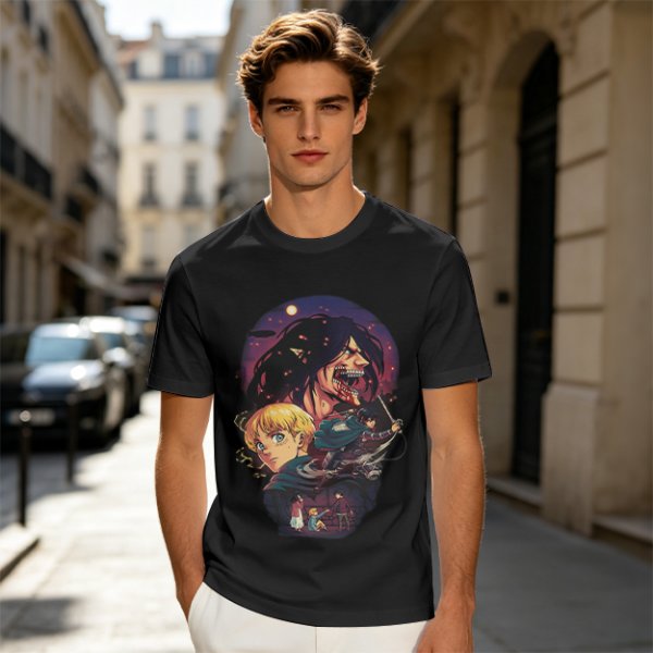 Attack on Titan themed graphic tee with anime character artwork