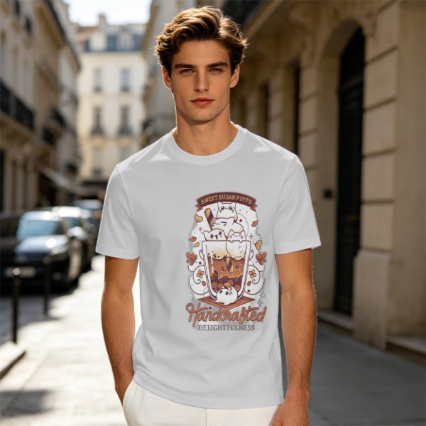 Olive t-shirt with cute cat bubble tea graphic print