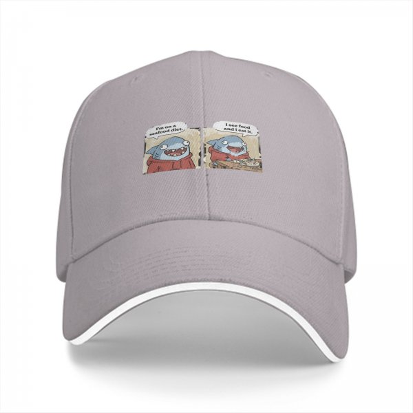 Black baseball cap with funny shark seafood diet meme print