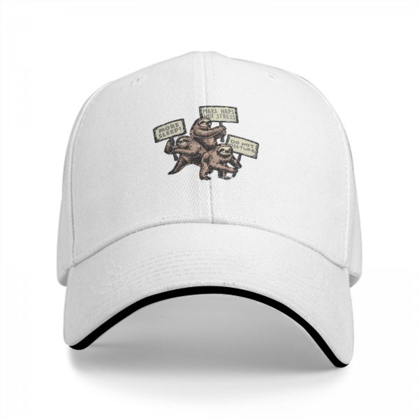 Black baseball cap with sloth nap and stress relief themed print
