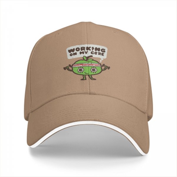 Black baseball cap with 'Working On My Core' fitness apple graphic