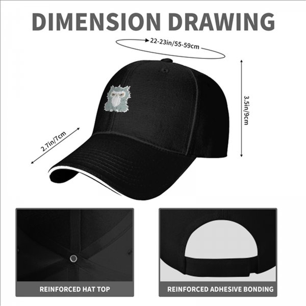 Black Baseball Cap With Grumpy Fluffy Grey Cat Graphic