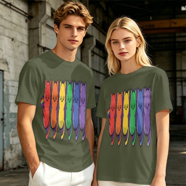 Olive T-Shirt With Rainbow Pride Cats Graphic