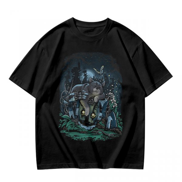 Olive Green T-Shirt With Night Graveyard Cat Illustration