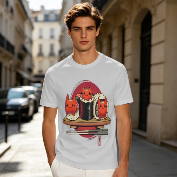 Olive t-shirt with cute cat sushi characters on a wooden platter