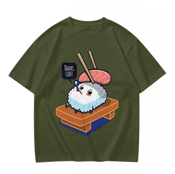 Olive T-Shirt With Sad Sushi Character Saying Thanks Chef Print