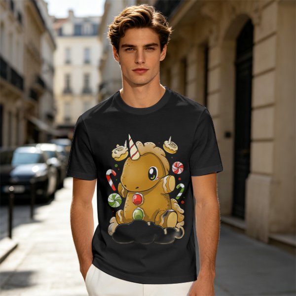Olive T-Shirt With Cute Gingerbread Unicorn And Christmas Candy Print
