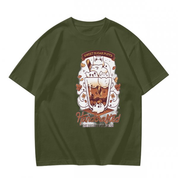 Olive t-shirt with cute cat bubble tea graphic print