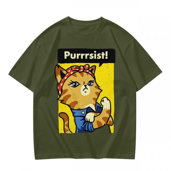 Olive green t-shirt with a cat in a Rosie the Riveter pose and 'Purrrsist!' text