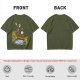 Olive T-shirt with fantasy characters balancing on a log over a stream