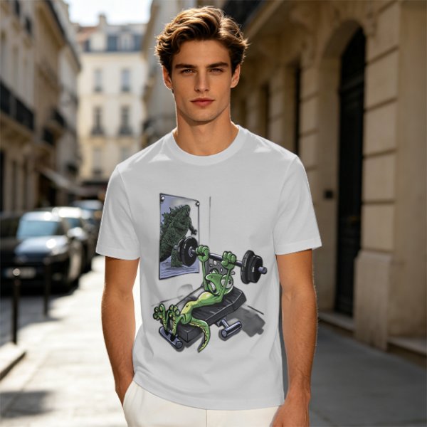 Olive T-shirt with cartoon lizard bench pressing weights in gym mirror