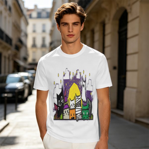 Olive T-Shirt With Halloween Themed Cute Cat Characters Print