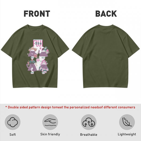 Olive green t-shirt with playful Mount Fuji character graphic print