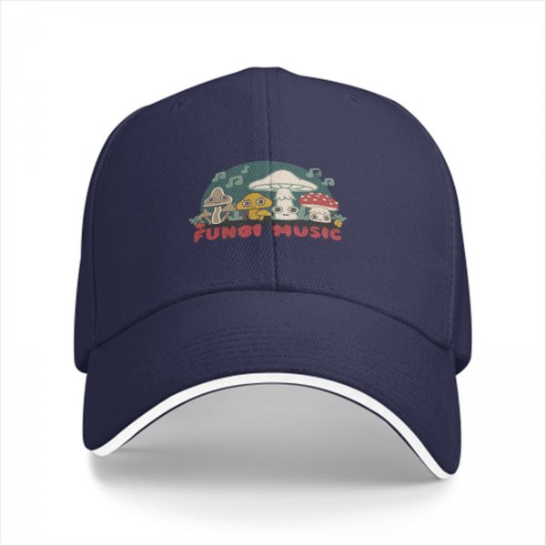 Black baseball cap with cute fungi music graphic design