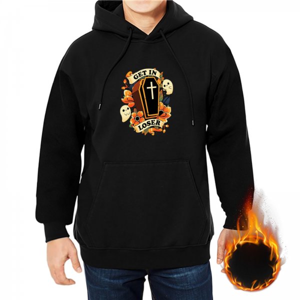 Black hoodie with coffin ghost floral 'Get In Loser' graphic
